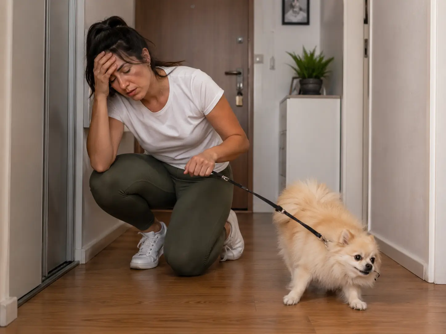 Tutora cansada tentando controlar o cão